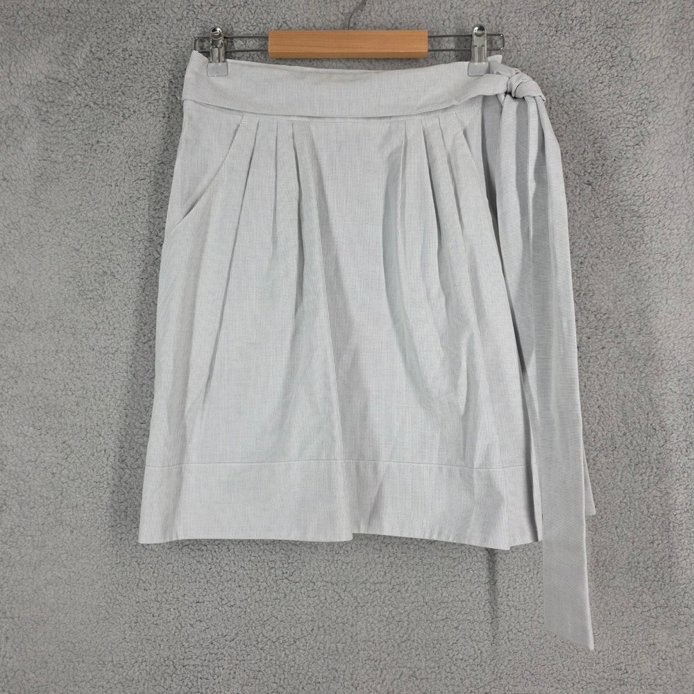 KOOKAI Women's Size 36 Blue Striped Cotton Zip-Up Midi‎ Skirt with Tie Detail